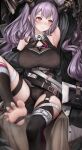  1girl absurdres arknights arm_up armpits bare_shoulders black_shirt black_shorts black_thighhighs breasts commentary_request covered_nipples foot_out_of_frame highres horns large_breasts long_hair nopetroto purple_eyes purple_hair shirt shorts solo thigh_strap thighhighs thighs typhon_(arknights) very_long_hair 
