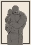  2boys absurdres bara call_of_duty call_of_duty:_modern_warfare_2 comforting couple feet_out_of_frame fonzu_(callmefonzu) from_behind ghost_(modern_warfare_2) greyscale highres hug male_focus mask monochrome multiple_boys muscular muscular_male mutual_hug pants short_hair skull_mask soap_(modern_warfare_2) yaoi 