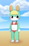  ambiguous_gender animal_crossing anthro beach bikini biped blonde_hair blush bodily_fluids clothing detailed_background frown fur green_body green_fur hair hi_res lagomorph leporid mammal navel nintendo rabbit sand sasha_(animal_crossing) sea seaside solo sum swimwear water white_body white_fur 