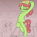  1:1 absurd_res bodily_fluids carrot_top_(mlp) equid equine eyes_closed female feral friendship_is_magic green_body hasbro hi_res mammal my_little_pony navel object_in_mouth pencil_(object) stretching sweat t72b tree_hugger_(mlp) 