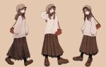  1girl azumaya_toushirou bag black_socks brown_dress brown_footwear brown_hair dress hat highres long_hair long_sleeves multiple_views original puffy_long_sleeves puffy_sleeves simple_background sleeves_past_wrists socks sweater white_sweater 