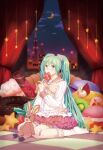  1girl aqua_eyes aqua_hair bandaid bandaid_on_leg blue_bow bow candy checkered_floor city cream_puff crescent_moon curtains doughnut food frilled_skirt frilled_socks frills fruit hatsune_miku highres holding holding_candy holding_food holding_lollipop jelly_bean kiwi_(fruit) kiwi_slice kneeling lollipop long_sleeves macaron moon nail_polish open_mouth red_bow sailor_collar shirt skirt socks solo star_(symbol) strawberry striped stuffed_animal stuffed_rabbit stuffed_toy swirl_lollipop teeth twintails upper_teeth_only vertical_stripes vocaloid white_bow white_shirt white_socks window wokara wrapped_candy 