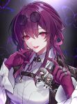  1girl butterfly_background caelus_(honkai:_star_rail) character_doll collared_shirt commentary dqpgd earrings eyewear_on_head gloves highres honkai:_star_rail honkai_(series) jewelry kafka_(honkai:_star_rail) keychain long_hair looking_at_viewer multiple_rings parted_lips purple_eyes purple_gloves purple_hair ring shirt signature solo stelle_(honkai:_star_rail) sunglasses trailblazer_(honkai:_star_rail) twitter_username white_shirt 