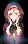  1girl azumi_(myameco) black_background blonde_hair cape closed_mouth commentary_request ereshkigal_(fate) fate/grand_order fate_(series) hood hooded_cape long_hair looking_at_viewer red_cape red_eyes simple_background solo 