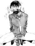  1boy anal blush collared_shirt cum dildo greyscale highres long_sleeves male_focus mask monochrome mouth_mask multicolored_hair no_male_underwear no_pants no_shoes numuhe penis sasaki_haise sex_toy shirt socks solo tokyo_ghoul tokyo_ghoul:re two-tone_hair 