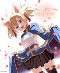  1girl :d absurdres animal_ears armor birthday black_gloves black_skirt black_thighhighs blonde_hair blue_sarong blue_shrug blush breastplate breasts cat_ears cat_girl cat_tail character_name commentary_request fairy_(sao) falling_petals fingerless_gloves gloves hair_ribbon happy_birthday high_collar highres holding_sarong long_sleeves looking_at_viewer medium_hair open_mouth petals pleated_skirt red_eyes red_ribbon ribbon sarong shrug_(clothing) silica silica_(sao-alo) skirt small_breasts smile solo sword_art_online tail thighhighs translated tu_tora2 twitter_username white_background yellow_trim zettai_ryouiki 
