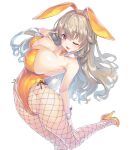  1girl :3 absurdres animal_ears bare_shoulders bow bowtie breasts bunny_(vocaloid) bunny_day cleavage covered_navel covered_nipples detached_collar fake_animal_ears fake_tail fishnet_pantyhose fishnets floating_hair from_above hair_between_eyes hand_on_own_thigh high_heels highleg highleg_leotard highres kiyama_satoshi komorebi_wanko large_breasts leaning_back leotard light_brown_hair long_hair looking_at_viewer one_eye_closed open_mouth orange_bow orange_bowtie orange_footwear orange_leotard pantyhose playboy_bunny rabbit_ears rabbit_tail red_eyes simple_background smile solo strapless strapless_leotard tail traditional_bowtie virtual_youtuber white_background wide_hips wrist_cuffs 