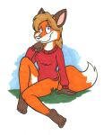  bottomless brown_hair canid canine clothed clothing female fox green_eyes hair mammal pinup pose sweater tabbiewolf topwear 