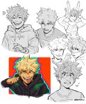  2boys animal_ears bakugou_katsuki black_hoodie blonde_hair blush boku_no_hero_academia clenched_teeth closed_eyes closed_mouth clothes_writing commentary cosplay earrings english_commentary freckles habkart hand_on_another&#039;s_shoulder highres hood hood_down hoodie jewelry long_sleeves looking_at_viewer male_focus midoriya_izuku mirko mirko_(cosplay) multiple_boys multiple_views one_eye_closed open_mouth piercing rabbit_ears short_hair simple_background smile spiked_hair teeth tongue_piercing upper_body white_background 
