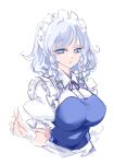  1girl blue_eyes braid breasts commentary cropped_torso grey_hair izayoi_sakuya large_breasts maid maid_headdress raptor7 short_sleeves side_braids simple_background solo symbol-only_commentary touhou twin_braids white_background 