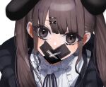 1girl aoishi_pachira brown_eyes brown_hair center_frills duct_tape earrings frills gag hair_ornament hairclip highres improvised_gag jacket jewelry lace_collar long_hair looking_at_viewer neck_ribbon original ribbon solo tape tape_gag twintails upper_body 