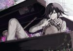  1boy absurdres black_eyes black_hair card checkered_clothes checkered_scarf coffin danganronpa_(series) danganronpa_v3:_killing_harmony flipped_hair flower grey_pants hair_between_eyes highres holding holding_skull long_sleeves oma_kokichi pants photo_(object) pink_flower plant scarf skull smile solo wa_noko 