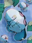  :d :o afloat animal_focus artist_name blue_skin closed_eyes colored_skin curled_up evolutionary_line hanabusaoekaki highres leaf no_humans pokemon pokemon_(creature) quagsire ripples sleeping smile solid_oval_eyes water wooper 