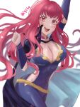  1girl belt black_cape blush bodysuit breasts cape chest_strap choker cleavage clothing_cutout facial_mark fire_emblem fire_emblem_engage hair_ornament large_breasts long_hair open_mouth pink_choker purple_bodysuit red_eyes red_hair side_cutout simple_background smile solo star_(symbol) star_facial_mark star_hair_ornament yellow_belt yunaka_(fire_emblem) zqzbq 