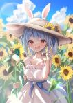  1girl :d absurdres alternate_hairstyle animal_ears blue_hair cloud cloudy_sky dress field flower flower_field hat highres hololive looking_at_viewer orange_eyes rabbit-shaped_pupils rabbit_ears sky smile summer sundress sunflower sunflower_field symbol-shaped_pupils terra_bose thick_eyebrows usada_pekora virtual_youtuber white_dress 