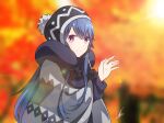  1girl beanie black_headwear blue_hair blurry blurry_background closed_mouth coat commentary_request grey_coat hand_up hat highres long_hair long_sleeves looking_at_viewer orange_background outdoors purple_eyes scarf shima_rin sidelocks signature smile solo swept_bangs upper_body yasu_(pixiv) yurucamp 
