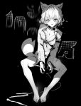  1girl absurdres animal_ears bare_legs barefoot black_background braid breasts cleavage fangs full_body greyscale hair_ornament hakui_koyori hakui_koyori_(3rd_costume) highres hololive knees_apart_feet_together large_breasts monochrome old_metal_666 open_clothes open_shirt short_hair simple_background sitting solo tail v-shaped_eyebrows 