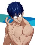 1girl blue_hair closed_eyes commentary glasses hand_up highres looking_at_viewer male_focus muscular muscular_male original short_hair some1else45 sweatdrop symbol-only_commentary topless_male upper_body v-shaped_eyebrows veins veiny_arms 