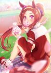  1girl animal_ears blurry blurry_foreground brown_hair cupcake day eating food gift_bag hairband highres holding holding_food horse_ears horse_girl horse_tail jacket knees_up long_hair long_sleeves looking_at_viewer looking_back outdoors petals ponytail purple_eyes red_jacket red_shorts sakura_bakushin_o_(umamusume) shoes shorts sitting sneakers socks solo tail track_jacket umamusume utada_kuero white_socks 