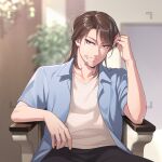  1boy bishounen black_pants blue_shirt blurry blurry_background brown_eyes brown_hair chair closed_mouth collarbone collared_shirt commentary_request cowboy_shot day highres ichijou_seiya joukyou_seikatsuroku_ichijou kaiji long_hair looking_at_viewer male_focus medium_bangs momojiri_aya open_clothes open_shirt pants shirt short_sleeves smile solo tree undershirt v-neck viewfinder white_shirt 