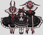  1girl 2others black_dress black_hair blood blood_on_arm bow claws closed_mouth demon demon_horns dress full_body gestart333 gothic_lolita hair_bow highres holding holding_stuffed_toy horns horror_(theme) juliet_sleeves lolita_fashion long_arms long_hair long_sleeves looking_at_viewer mary_janes multiple_others original puffy_sleeves red_bow red_eyes shoes short_sleeves sidelocks simple_background socks stuffed_animal stuffed_rabbit stuffed_toy white_background 