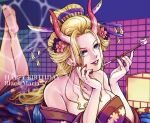  1girl bare_shoulders barefoot black_flower black_maria_(one_piece) blonde_hair blue_eyes breasts character_name cleavage english_text flower hair_flower hair_ornament highres holding holding_smoking_pipe horns indoors japanese_clothes large_breasts long_hair looking_at_viewer lying misokkasu on_stomach one_piece red_flower red_nails smoking_pipe solo watermark 