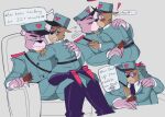  2023 anthro bear blush bottomwear brown_body capitan_hocicos clothing comandante_fluffy duo embrace eyewear glasses hat headgear headwear hug humanoid_hands kissing male mammal mature_male pants pink_body shirt sitting sketchyvillain slightly_chubby topwear unicorn_wars 