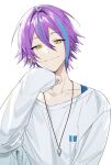  1boy aqua_hair closed_mouth commentary ear_piercing earrings hair_between_eyes hk_(wgyz7222) jewelry kamishiro_rui kanaria_wa_kyuukyou_ni_utau_(project_sekai) long_sleeves looking_at_viewer male_focus multicolored_hair necklace official_alternate_costume piercing project_sekai purple_hair shirt short_hair simple_background sleeves_past_wrists solo streaked_hair symbol-only_commentary upper_body white_background white_shirt yellow_eyes 