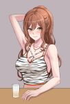  1girl absurdres animal_print arm_behind_head arm_on_table arm_up armpit_crease armpits bang_dream! bare_arms bare_shoulders blush breasts brown_hair cleavage closed_mouth collarbone commentary crop_top cup drink drinking_glass green_eyes grey_background hair_between_eyes half_updo highres imai_lisa jewelry large_breasts long_hair looking_at_viewer necklace pendant print_tank_top ptal sidelocks simple_background smile solo symbol-only_commentary table tank_top upper_body wavy_hair white_tank_top white_tiger_print 