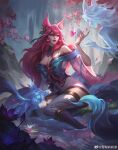  3girls absurdres ahri_(league_of_legends) animal_ears artist_name bell blue_eyes breasts cherry_tree cleavage detached_sleeves eyeshadow facial_mark falling_petals fingernails flower forest fox_ears fox_girl fox_tail grass hair_between_eyes highres large_breasts leaf league_of_legends long_hair lotus makeup multiple_girls multiple_tails nail_polish nature official_alternate_costume official_alternate_hairstyle outdoors parted_lips petals pink_flower pink_hair pink_nails reflection reflective_water sidelocks smile solo_focus spirit spirit_blossom_(league_of_legends) spirit_blossom_ahri sydney_lily tail tree water whisker_markings wide_sleeves 