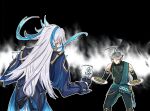  2boys ahoge alhaitham_(genshin_impact) bare_shoulders blue_hair coat covered_abs cup faceless faceless_female genshin_impact gloves green_hair grey_hair highres holding holding_cup holding_plate huge_ahoge legs_apart long_hair long_sleeves looking_at_another low-tied_long_hair male_focus multicolored_hair multiple_boys neuvillette_(genshin_impact) pants plate shirt sleeveless sleeveless_shirt standing toned toned_male two-tone_hair very_long_hair yuka_(pixiv38407039) 