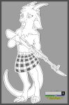  absurd_res anthro bottomwear claws clothing costume detailed dragon ear_tuft female footwear fur grey_background hi_res holding_object holding_weapon horn humanoid inner_ear_fluff kayasamix knife line_art lizard logo miniskirt monochrome mouth_closed one_eye_closed pleated_skirt reptile scalie simple_background skirt smile socks solo tail toony traditional_media_(artwork) tuft weapon 