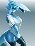  2023 absurd_res anthro clothed clothing digital_media_(artwork) eeveelution eyebrows faejunkie female generation_4_pokemon glaceon hair hi_res legwear looking_back nintendo pokemon pokemon_(species) simple_background solo 