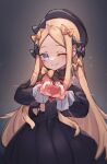  1girl abigail_williams_(fate) black_bow black_dress black_headwear blonde_hair blue_eyes blush bow breasts dress fate/grand_order fate_(series) forehead hair_bow hat heart heart_hands highres long_hair long_sleeves looking_at_viewer miya_(miyaruta) one_eye_closed orange_bow parted_bangs ribbed_dress small_breasts smile solo variant_set 