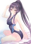  1girl absurdres artist_name ass black_hair black_one-piece_swimsuit commentary_request dated highres hizaka kantai_collection long_hair looking_at_viewer one-hour_drawing_challenge one-piece_swimsuit ponytail red_eyes sidelocks solo swimsuit two-tone_one-piece_swimsuit wet wet_clothes wet_swimsuit yahagi_(kancolle) 