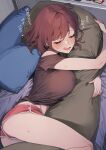  1girl 92m breasts brown_hair closed_eyes commentary_request couch highres hugging_object indoors kinshi_no_ane lying on_couch original pillow pillow_hug short_hair sleeping solo thighs translated 