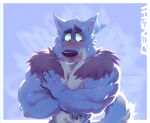  2022 abs anthro big_nose blue_background blue_body blue_fur blush bodily_fluids border canid canine canis cheek_tuft chest_tuft claws clothed clothing countershade_face countershade_neck countershade_torso countershading digital_media_(artwork) e-w01f eyebrows facial_tuft fluffy fluffy_tail fur green_sclera half-length_portrait head_tuft hi_res looking_down male mammal muscular muscular_anthro muscular_arms muscular_male neck_tuft portrait red_eyes shy signature simple_background sweat sweatdrop tail thick_eyebrows thick_neck toony toony_eyes topless topless_anthro topless_male tuft whiskers white_border wolf 