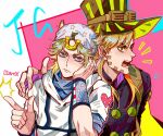  2boys beard blonde_hair blue_eyes blue_nails bored brown_hair facial_hair fingerless_gloves gloves green_eyes gyro_zeppeli hat highres johnny_joestar jojo_no_kimyou_na_bouken long_hair male_focus multiple_boys pointing star_(symbol) star_print steel_ball_run zhoujo51 