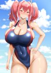  1girl ass_visible_through_thighs azur_lane bare_shoulders blue_one-piece_swimsuit blue_sky blush breasts bremerton_(azur_lane) cleavage cloud collarbone commentary competition_swimsuit covered_navel cowboy_shot crossed_bangs day grey_hair grin groin hair_between_eyes hair_intakes hand_on_own_hip highleg highres large_breasts long_hair looking_at_viewer multicolored_hair no_mole one-piece_swimsuit pink_eyes pink_hair ranhatu sidelocks skindentation sky smile solo standing streaked_hair swimsuit teeth twintails two-tone_hair 