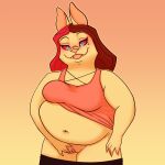  1:1 anthro background_character beauty_mark belly_overhang bulldog canid canid_demon canine canis clothed clothing demon domestic_dog female french_bulldog genitals hair hellhound helluva_boss hi_res highlights_(coloring) mammal markings mastiff mole_(marking) molosser navel overweight overweight_female pussy raised_clothing raised_shirt raised_topwear red_hair shirt small_molosser solo spread_pussy spreading tank_top topwear toy_dog yuzu_zuzu 