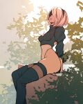  1girl 2b_(nier:automata) black_blindfold black_footwear black_thighhighs blindfold cleavage_cutout clothing_cutout covered_eyes gloves hair_between_eyes highleg highleg_leotard juliet_sleeves leaf leotard long_sleeves mole mole_under_mouth moshimoshibe nier:automata nier_(series) puffy_sleeves short_hair skindentation solo thighhighs white_hair white_leotard 