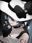  1girl bare_shoulders black_bow black_choker black_gloves bow choker commentary_request dark_miku_(project_voltage) earrings gloves hair_between_eyes hand_up hat hat_bow hat_over_one_eye hatsune_miku highres holding holding_poke_ball jewelry long_hair long_sleeves looking_at_viewer luxury_ball one_eye_covered poke_ball pokemon project_voltage red_eyes shoulder_tattoo smile solo sparkle tatsuma_daisuke tattoo upper_body vocaloid white_headwear 