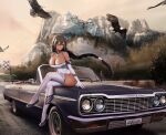  1girl absurdres alternate_costume azur_lane bald_eagle bird braid braided_ponytail breasts car character_name checkered_flag chevrolet chevrolet_impala cleavage copyright_name crossed_legs dark-skinned_female dark_skin eagle eagle_union_(emblem) flag full_body highleg highleg_leotard highres kcar66t large_breasts leotard license_plate long_hair motor_vehicle mount_rushmore muscle_car product_placement race_queen real_world_location road sitting_on_car south_dakota_(azur_lane) third-party_source white_leotard 