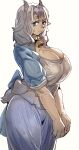  1girl animal_nose bell blue_eyes body_fur bow_(bhp) breasts cleavage closed_mouth cowbell dress furry furry_female horns large_breasts looking_at_viewer neck_bell original revision short_sleeves smile snout solo thick_eyebrows white_dress 