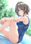  1girl armpits bare_legs blue_one-piece_swimsuit blurry blurry_background blush breasts dutch_angle feet_out_of_frame highres knee_up large_breasts looking_at_another looking_at_viewer one-piece_swimsuit original outdoors own_hands_together school_swimsuit sitting smile solo swimsuit water_drop wing_(aiastor) 