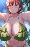  1girl bikini blue_eyes blush breasts brown_hair emma_verde flower freckles green_bikini hair_flower hair_ornament highres jewelry large_breasts looking_at_viewer love_live! love_live!_nijigasaki_high_school_idol_club murayuki1404 necklace solo swimsuit tongue tongue_out wet white_flower 