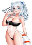  1girl absurdres bare_shoulders blue_eyes breasts cleavage cowboy_shot dated english_commentary grey_hair highres innertube kantai_collection kashima_(kancolle) katou_shinobu large_breasts one-piece_swimsuit see-through_swimsuit simple_background solo swimsuit twintails twitter_username wavy_hair white_background 