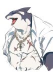  666soul_s anthro belly blue_body blue_scales clothed clothing eyes_closed facial_scar fish gold_(metal) gold_jewelry gold_necklace hi_res jewelry lifewonders male marine musclegut necklace open_clothing open_mouth open_shirt open_topwear pecs scales scar shark shark_teeth shirt solo tokyo_afterschool_summoners tongue topwear typhon white_body white_clothing white_scales white_shirt white_topwear 
