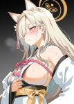  animal_ears armpits blonde_hair blue_archive blush breasts embarrassed fox_ears fox_girl frown japanese_clothes kaho_(blue_archive) large_breasts long_hair looking_away miko mokyutan nose_blush sideboob simple_background sweat 