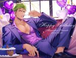  1boy 70_tabmk balloon bara birthday_cake cake character_name collared_shirt dark-skinned_male dark_skin food green_hair happy_birthday heart_balloon highres jacket king_of_prism_by_prettyrhythm large_pectorals male_focus muscular muscular_male open_clothes open_jacket pants pectorals pink_shirt pretty_(series) pretty_rhythm purple_jacket purple_pants shirt short_hair solo yamato_alexander 